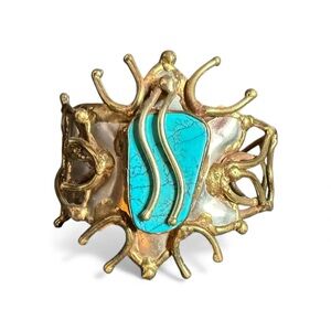 Vintage Brutalist Artisan Brass Cuff Bracelet w/ Turquoise Stone One-of-a-Kind
